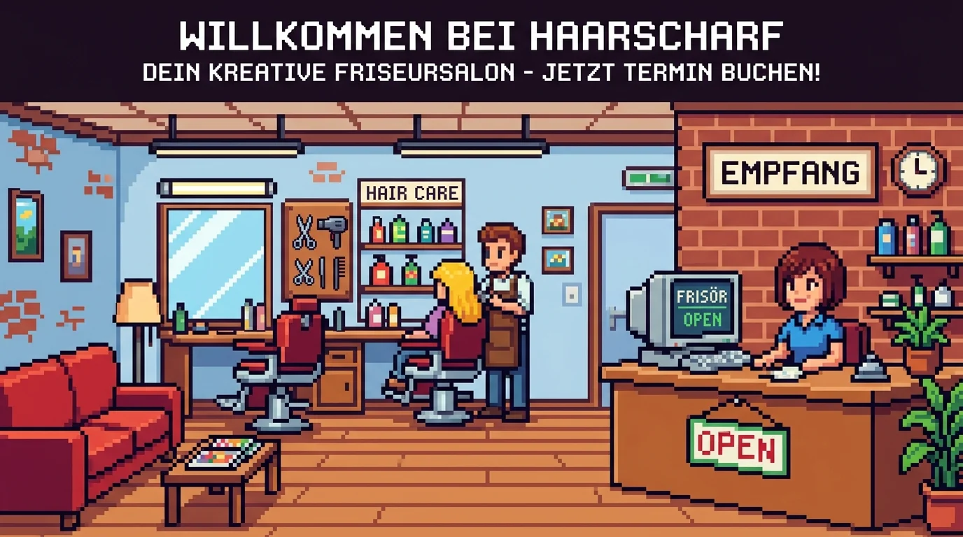 Pixelart Friseursalon Interieur mit Empfang und Arbeitsplatz